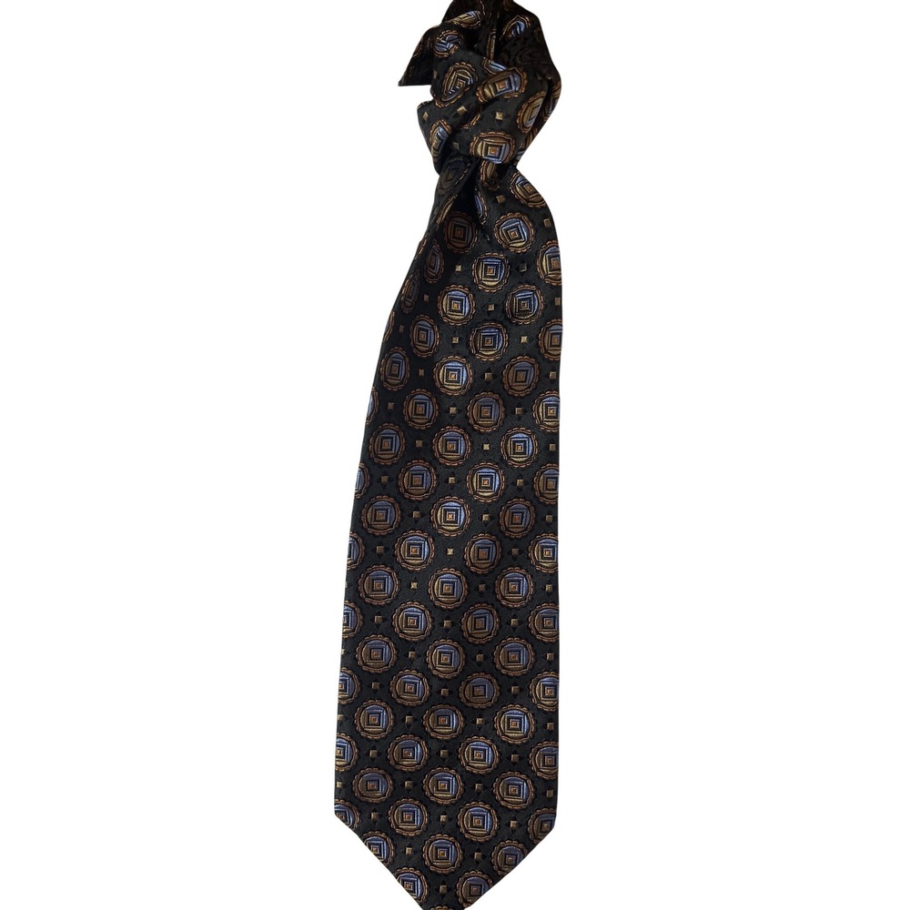 Bruno Piattelli Extra Long Silk Tie Black Blue Gold Geometric Medallion 4 Inch